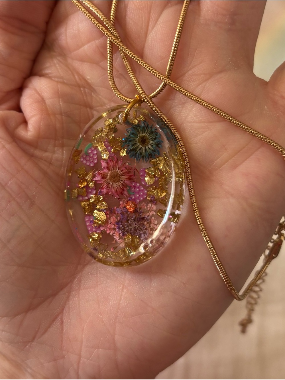 Resin Pendant Necklace w Pink & Blue Flowers, Polymer Clay Grapes, & Gold Foil